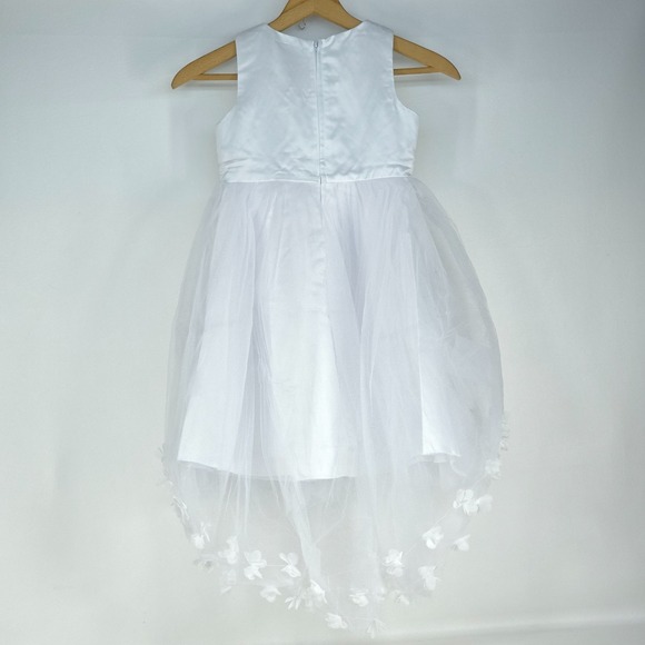 White Tulle Formal Christening Gown 7/8 Floral 3D Applique Satin Bow Flower Girl - Picture 4 of 16